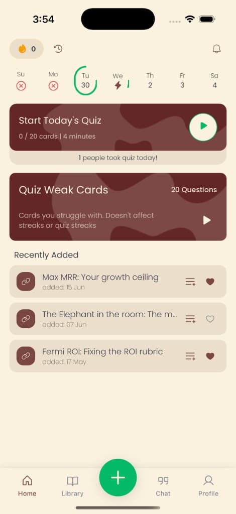 biu app home screen showing today's quiz, weak-card review and recently added notes