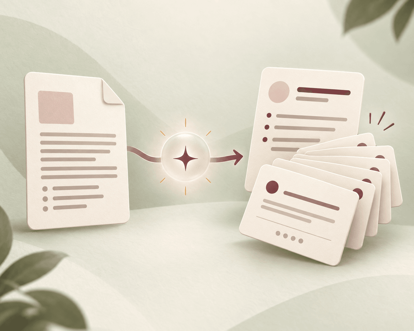 A study document becoming a summary and an organized flashcard deck